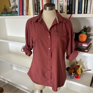 Columbia Womens Red Checkered Button Up Shirt Long Sleeve Size M Polyester